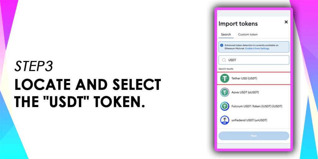 Locate and Select the "USDT" Token